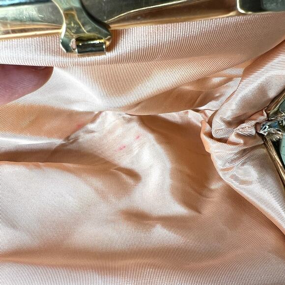 Vintage Gold Clutch Prom Purse Pocketbook 10" Kiss Lock Chain Strap Satin Glam - Picture 8 of 13